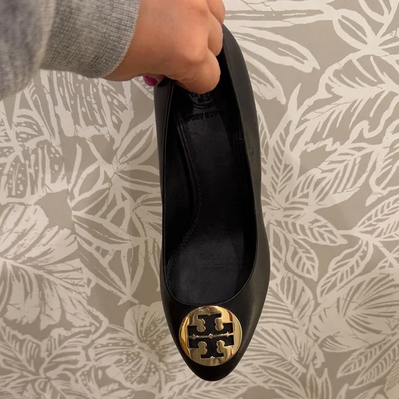 Tory Burch Black Wedges with Gold Logo - Picture 2 of 5